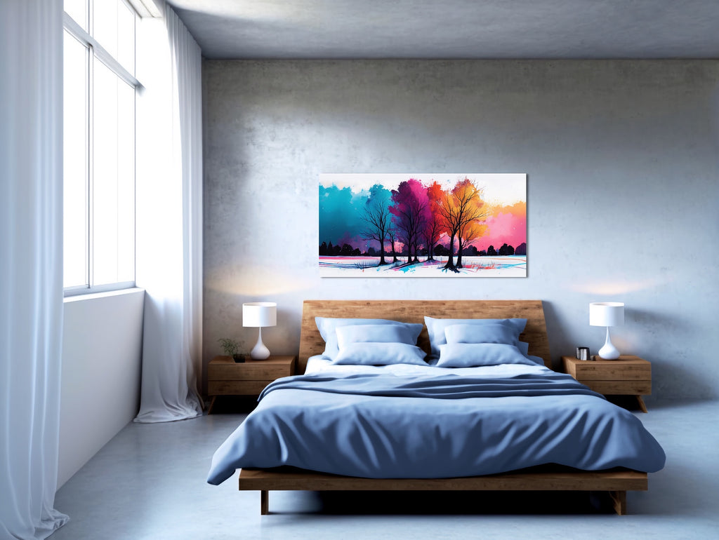 A landscape canvas art featuring colorful trees. 