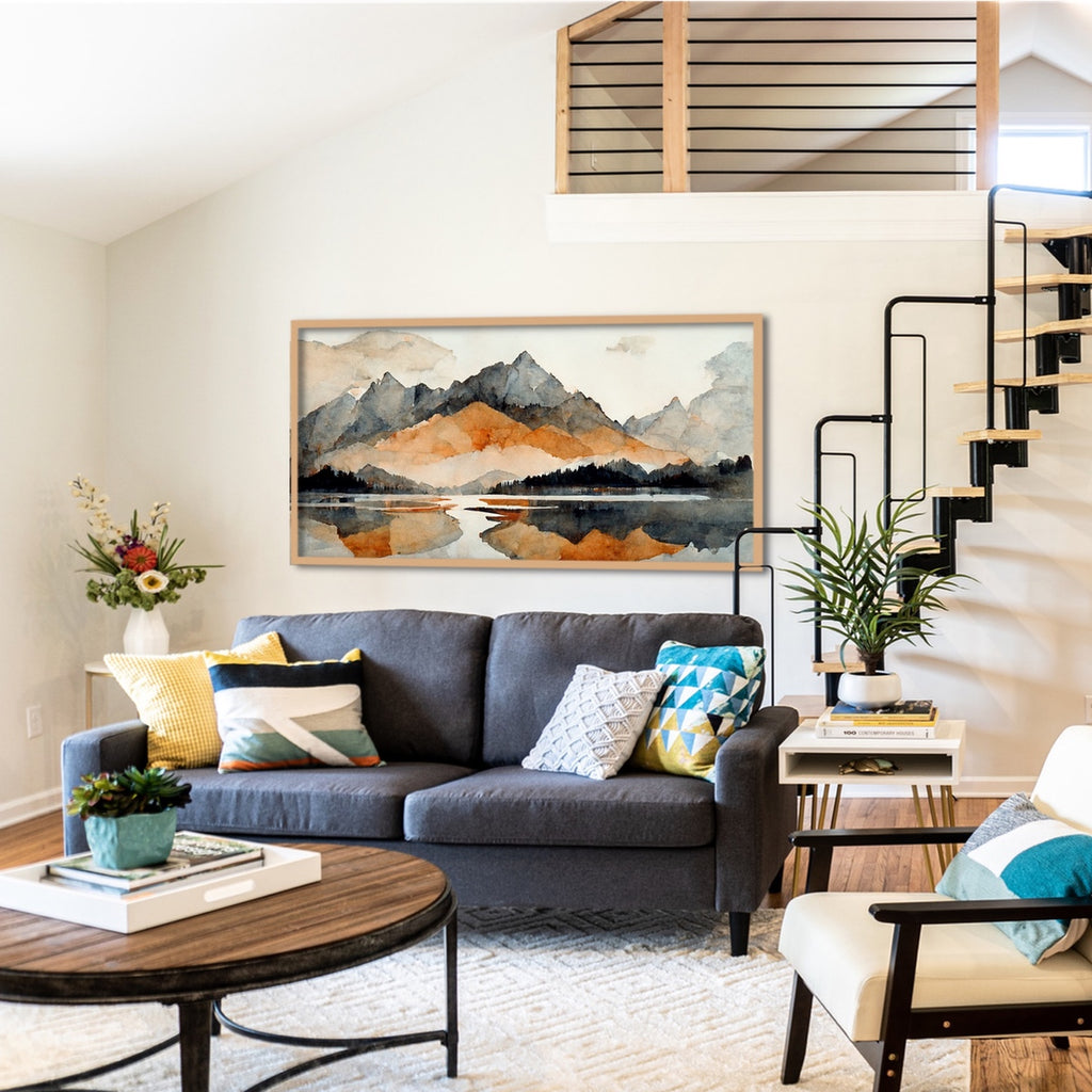 An abstract mountain wall art in neutral colors, framed or unframed.