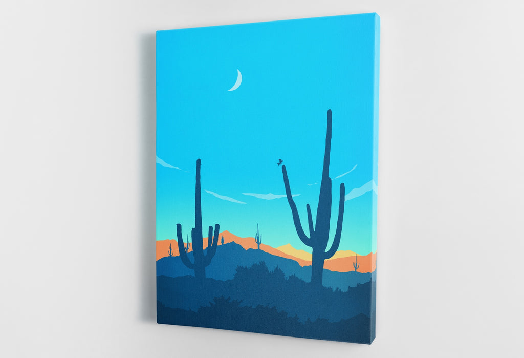 A vertical Southwestern desert cactus artwork on stretched canvas.