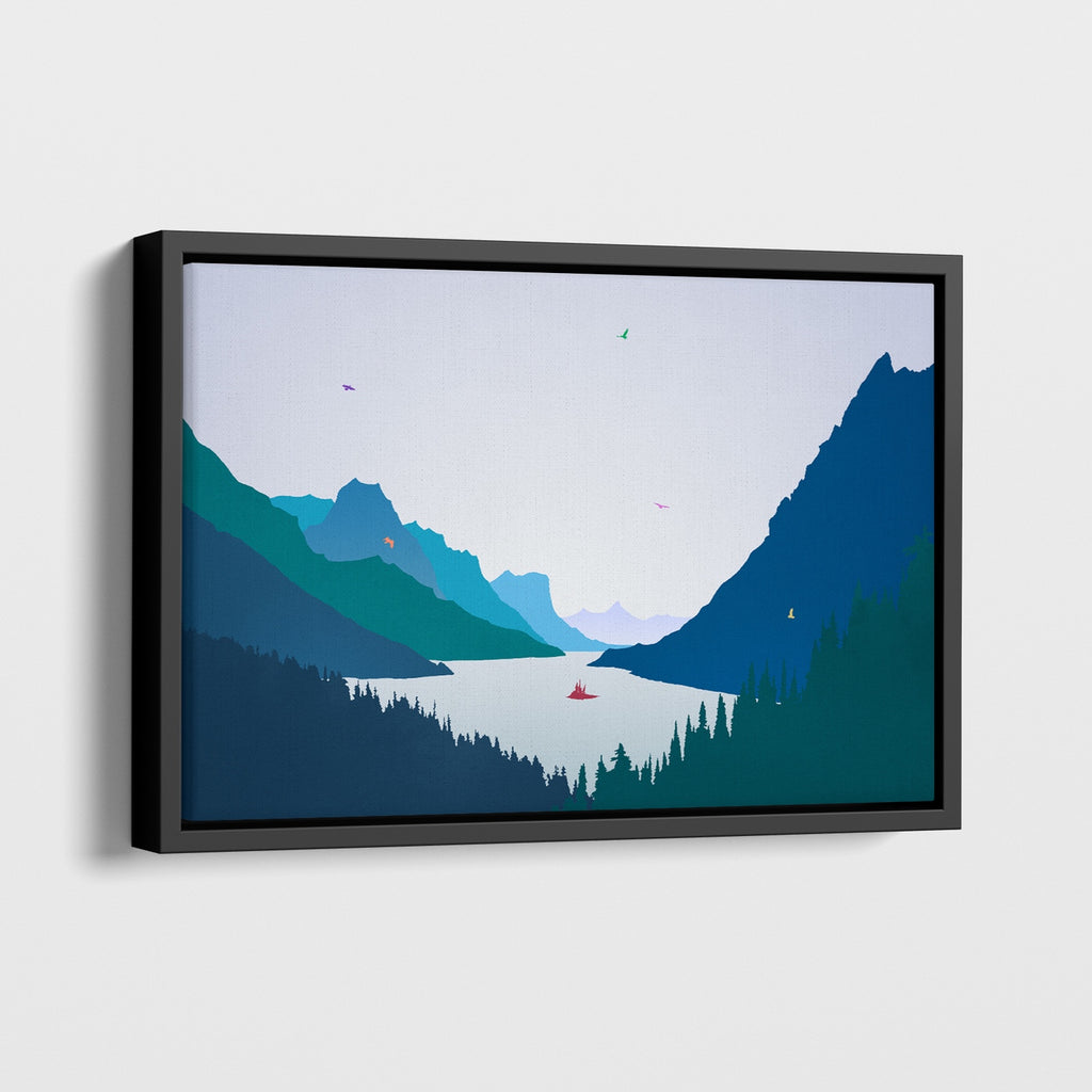 Saint Mary Lake Framed Wall Print in Shades of Blue and Green.