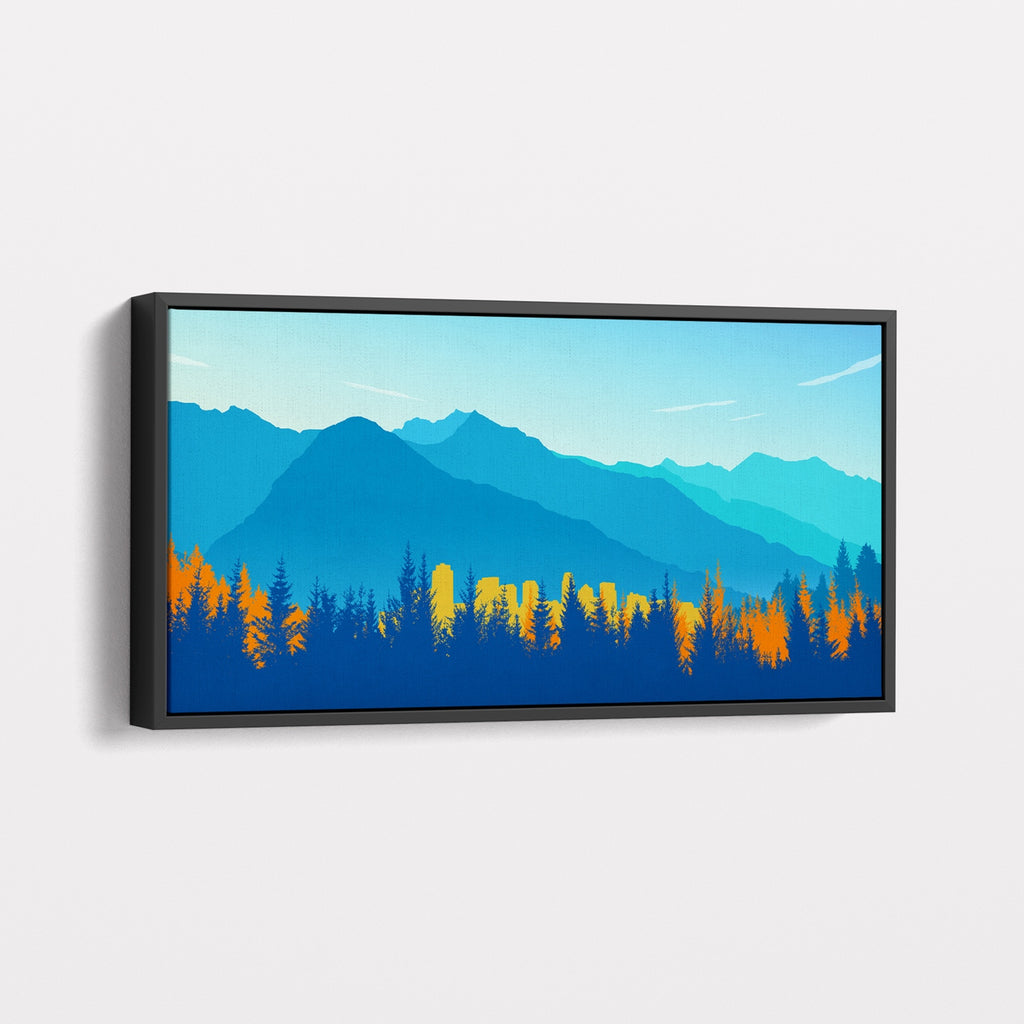 A huge vibrant landscape artwork of Salt Lake City with the backdrop of mountains.