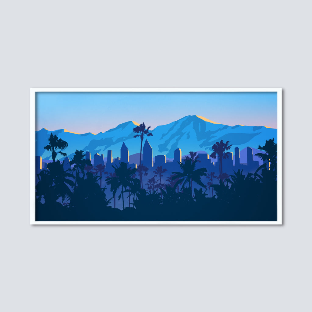 An extra large panoramic mountain artwork featuring San Diego in the backdrop of mountains.