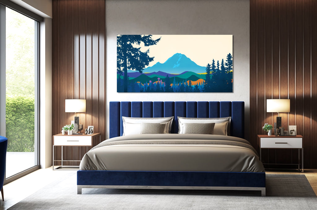 Seattle, Washington rises out of Pacific Northwest forests as Mount Rainier shimmers in the distance in this best-selling mid century modern mountain artwork.