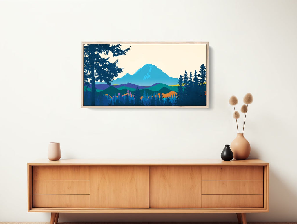 Large Framed Mount Rainier Wall Art Print in blue, green, orange and purple.