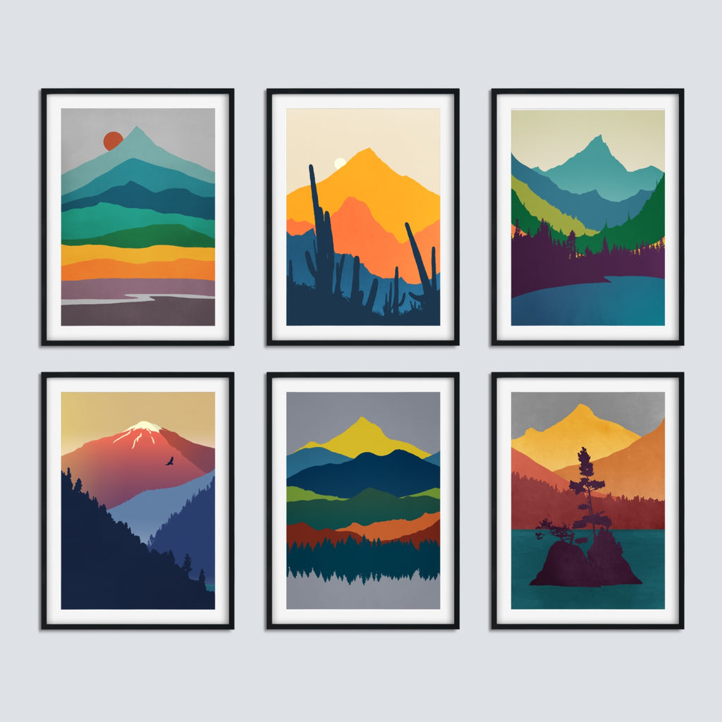 Mid Century Modern Canvas Wall Art Set Featuring 6 Vibrant Landscape Prints.