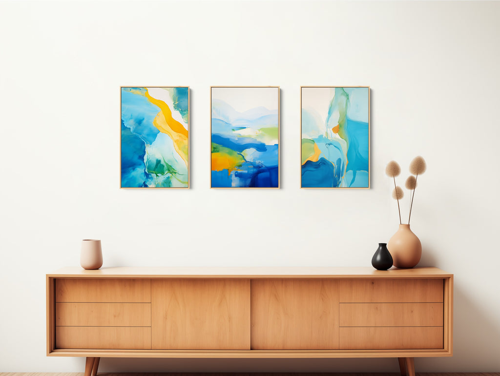 framed modern abstract print set in blue and yellow.