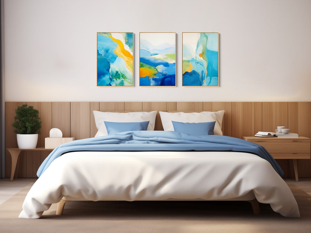 A three piece abstract fluid acrylic wall decor set on fine art paper or canvas, framed or unframed.