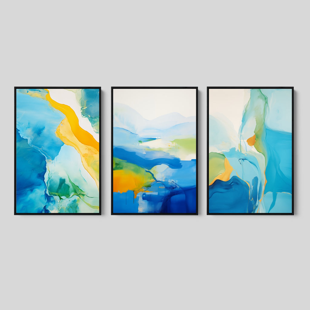 Large Flowing Abstract Wall Art Set in Blue and Yellow