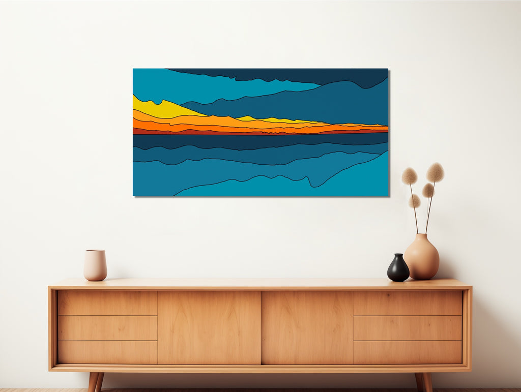 Minimalist Abstract Sunset Artwork in Blue and Orange.