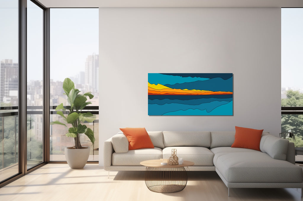 An extra large abstract landscape art print featuring a west coast sunset in warm yellows, oranges, and reds cocooned by the cool blue sky and sea.