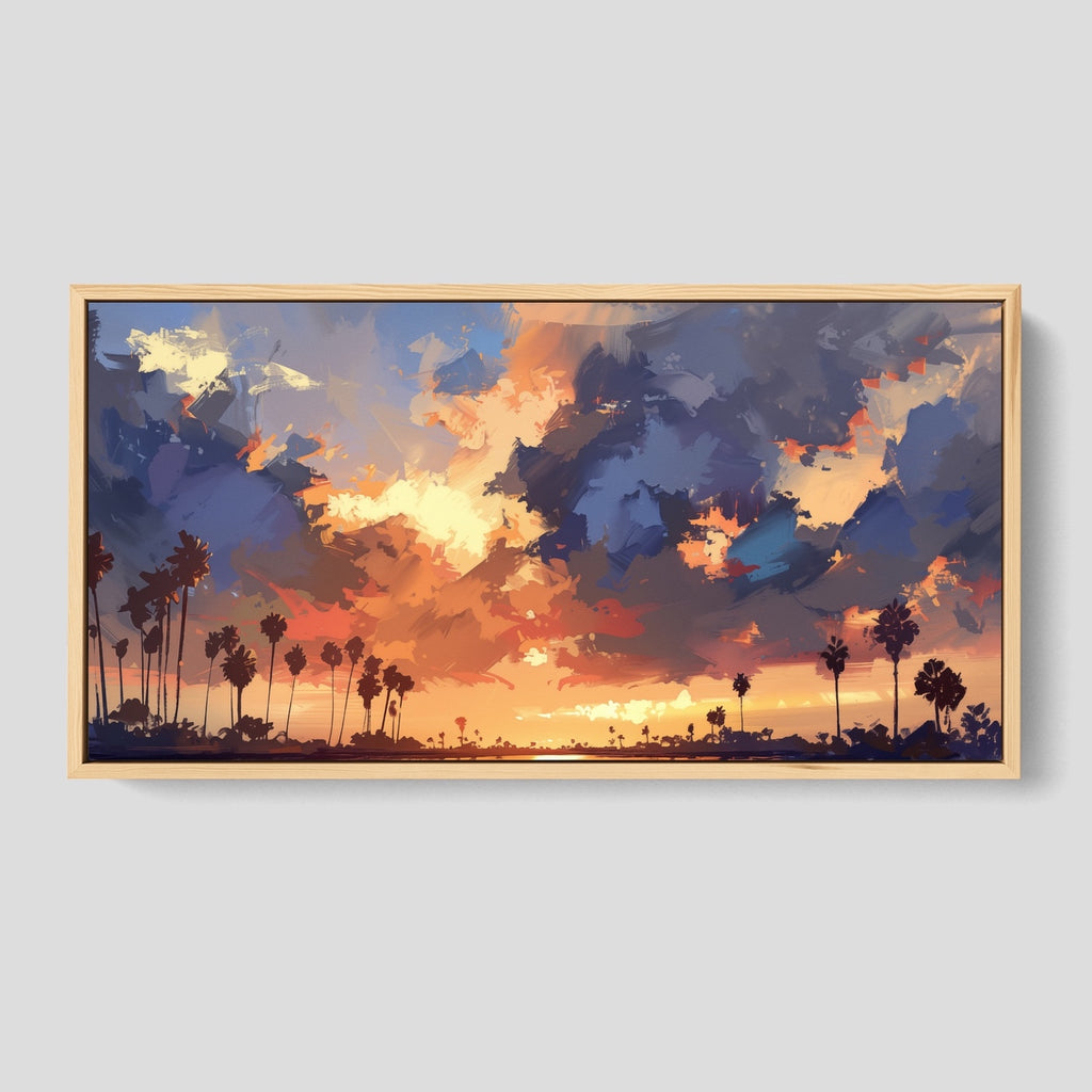 Abstract coastal sunset and palm trees canvas wall decor in blue and orange.