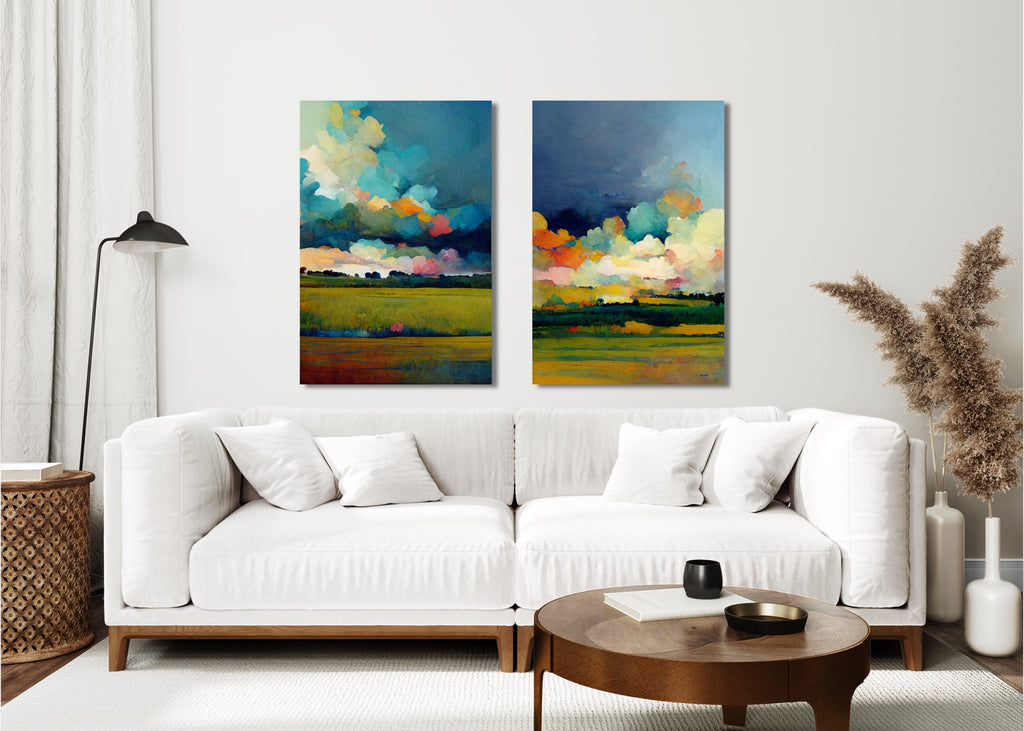 Our popular watercolor art prints featuring colorful clouds over the country fields.