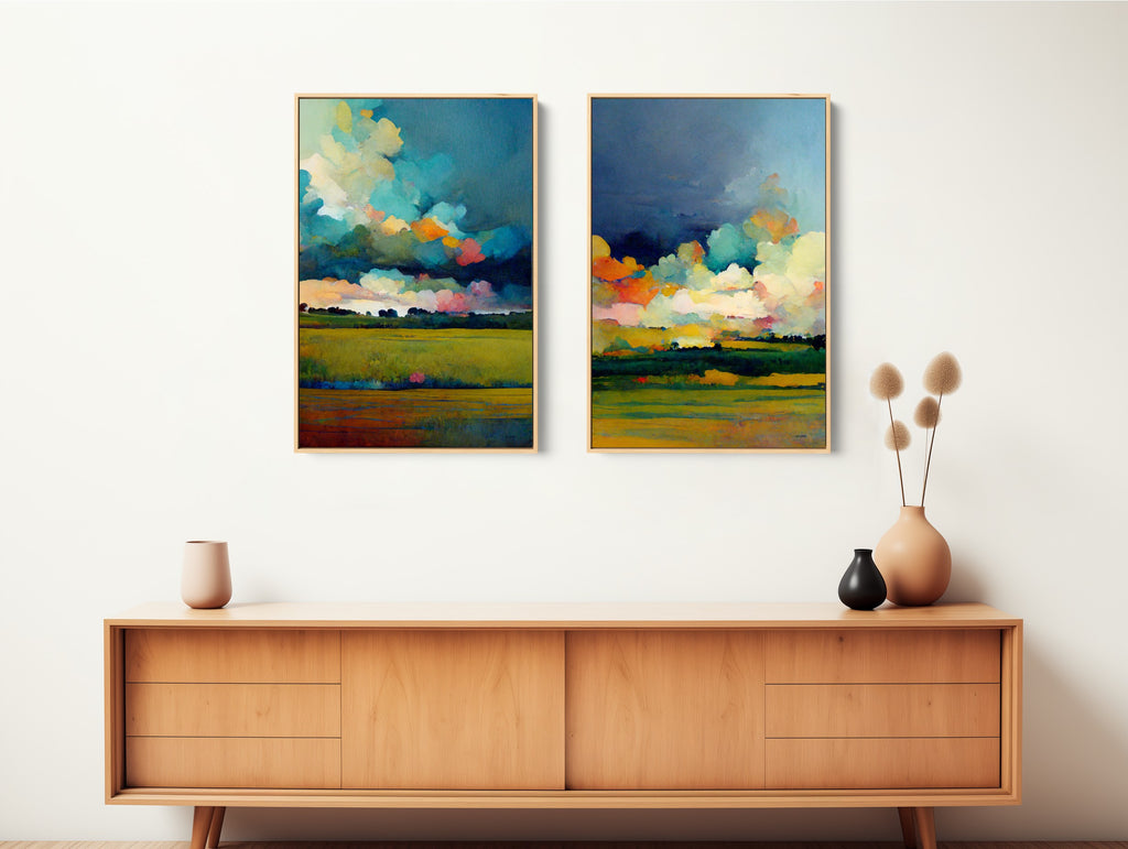 A matching set of two prairie landscape artworks in vibrant hues.