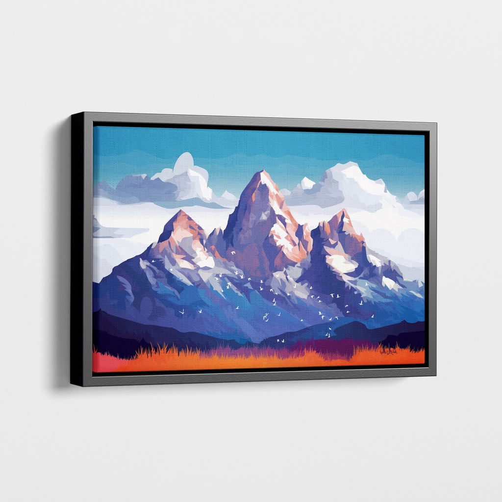 Modern Mountain Landscape Canvas Art in Crisp Blues and a Touch of Orange.