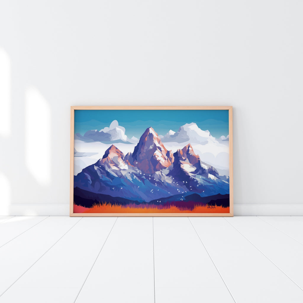 A large vibrant nature artwork featuring three mountain peaks. 