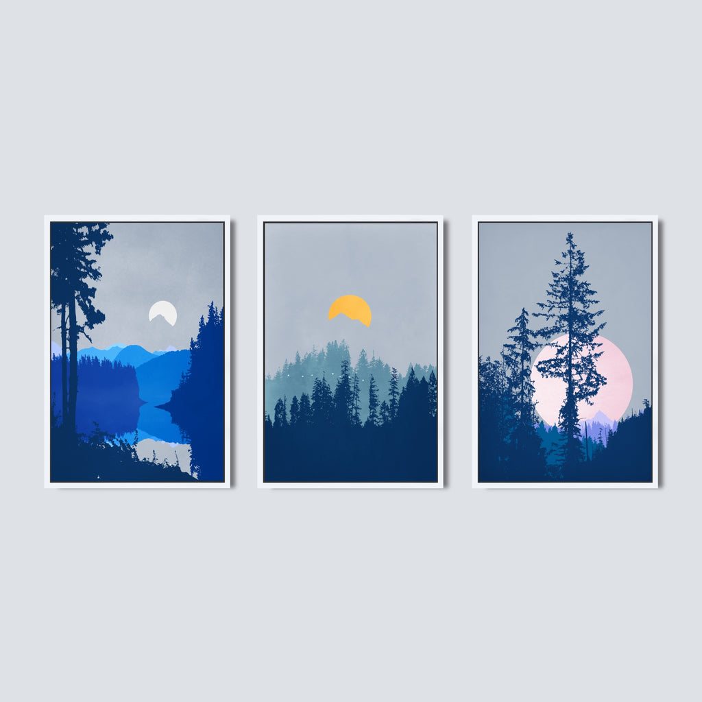 Calming bedroom wall decor set featuring moon over the forest.