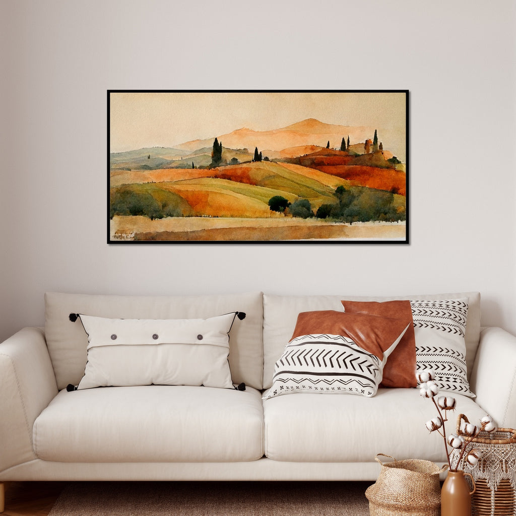 Large  panoramic watercolor art print of Tuscany framed or unframed.