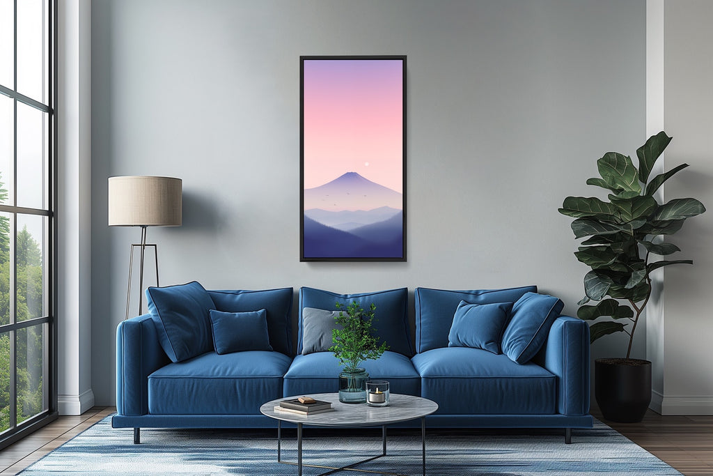 A minimalist mountain canvas artwork in pink and blue.