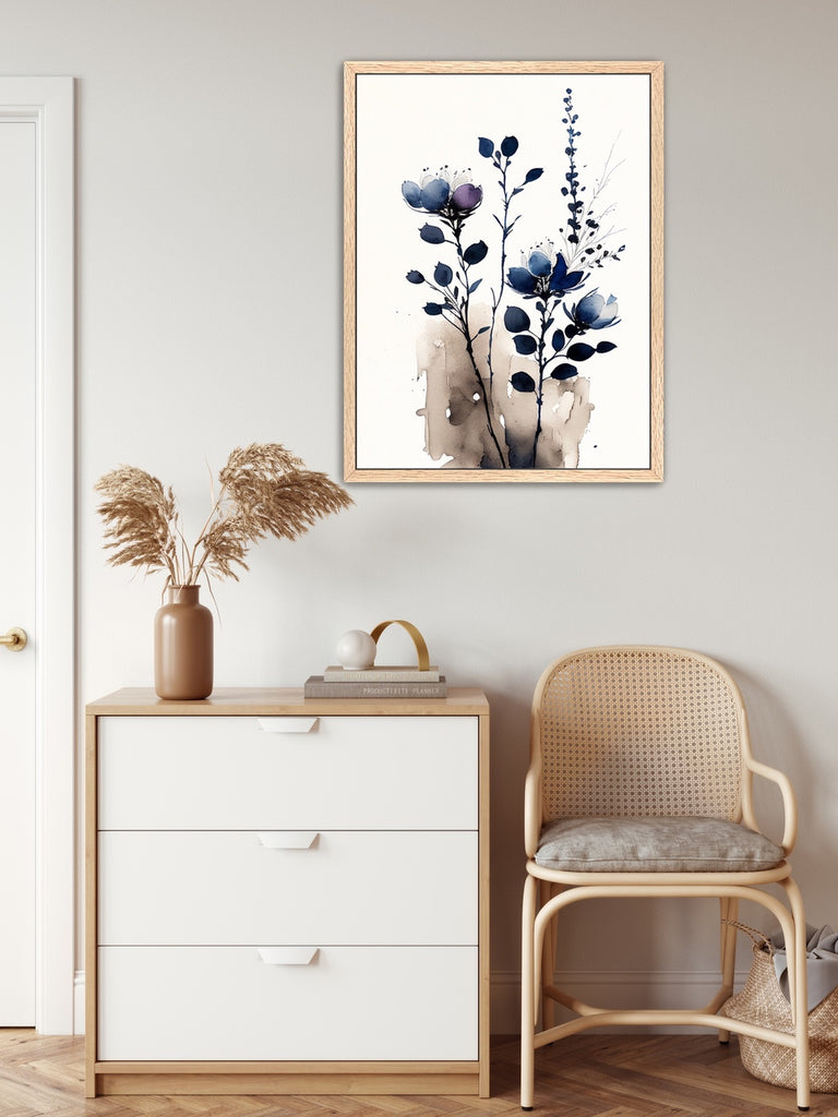 A botanical art print in blue and earthy tones.