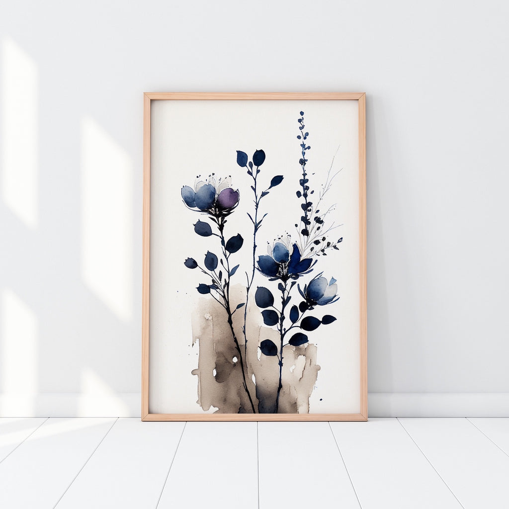 Floral Farmhouse Wall Art Print in indigo blue.