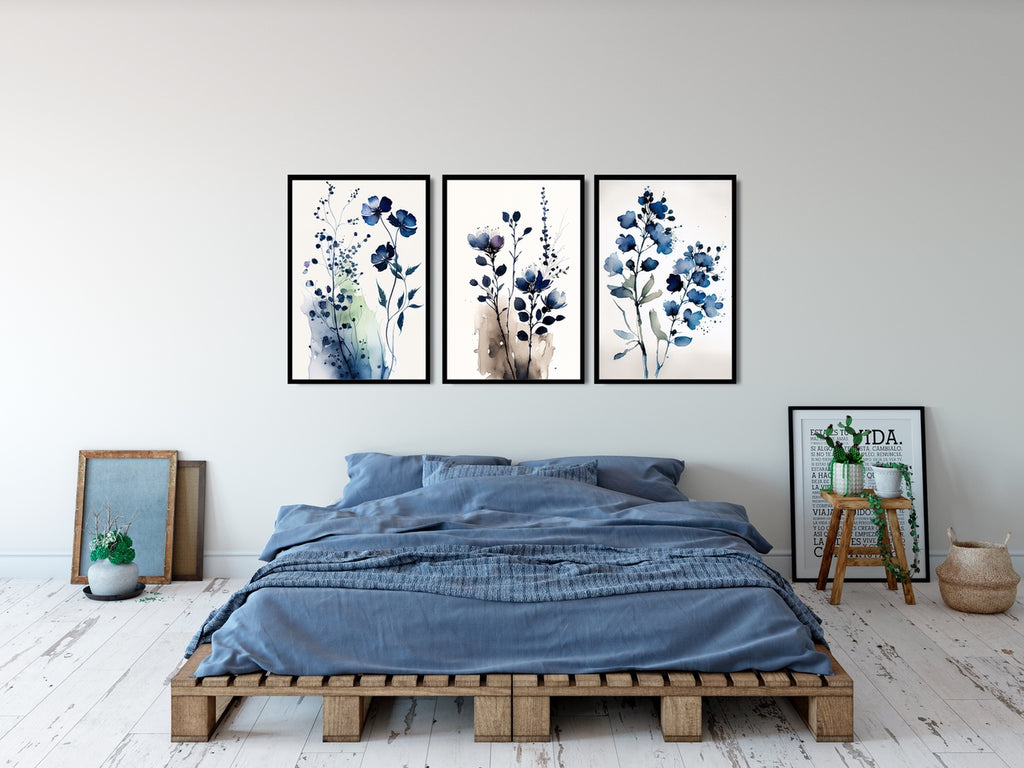 A watercolor boho  floral botanical artwork in blue.