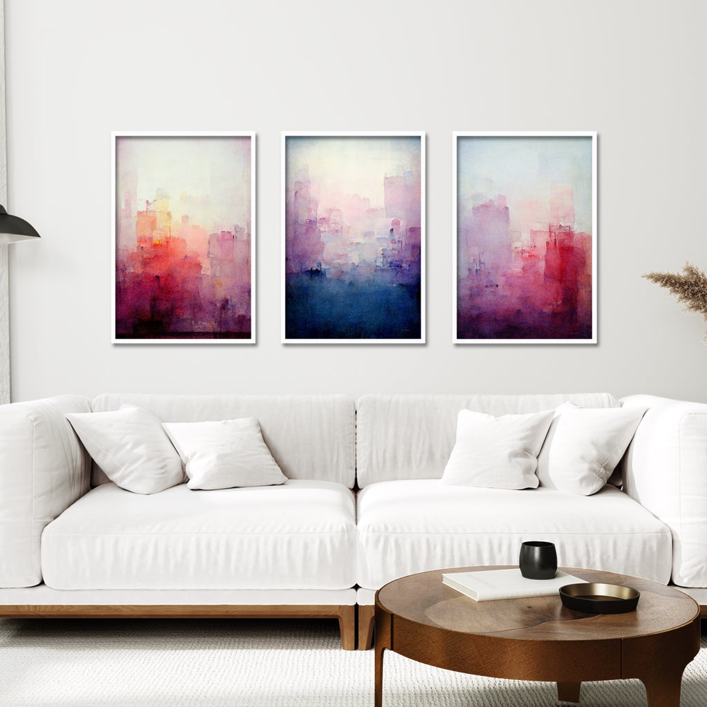 A three piece abstract watercolor canvas wall decor set on fine art paper or canvas, framed or unframed.