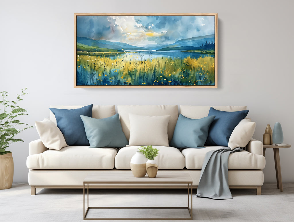 A large abstract floral nature art print in blue and yellow.