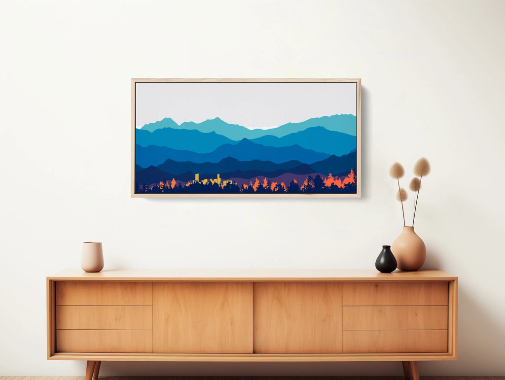 A large panoramic canvas wall art print featuring beautiful Denver, Colorado.