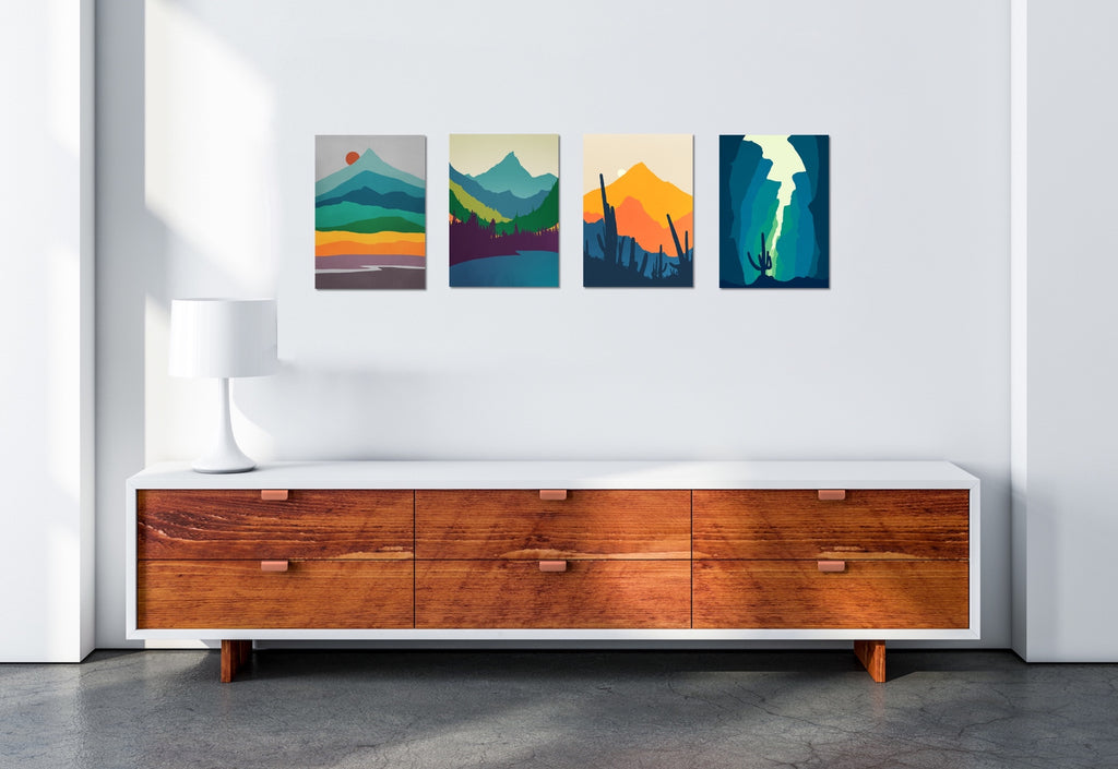 A collection of vibrant nature wall decor in warm mid century colors.