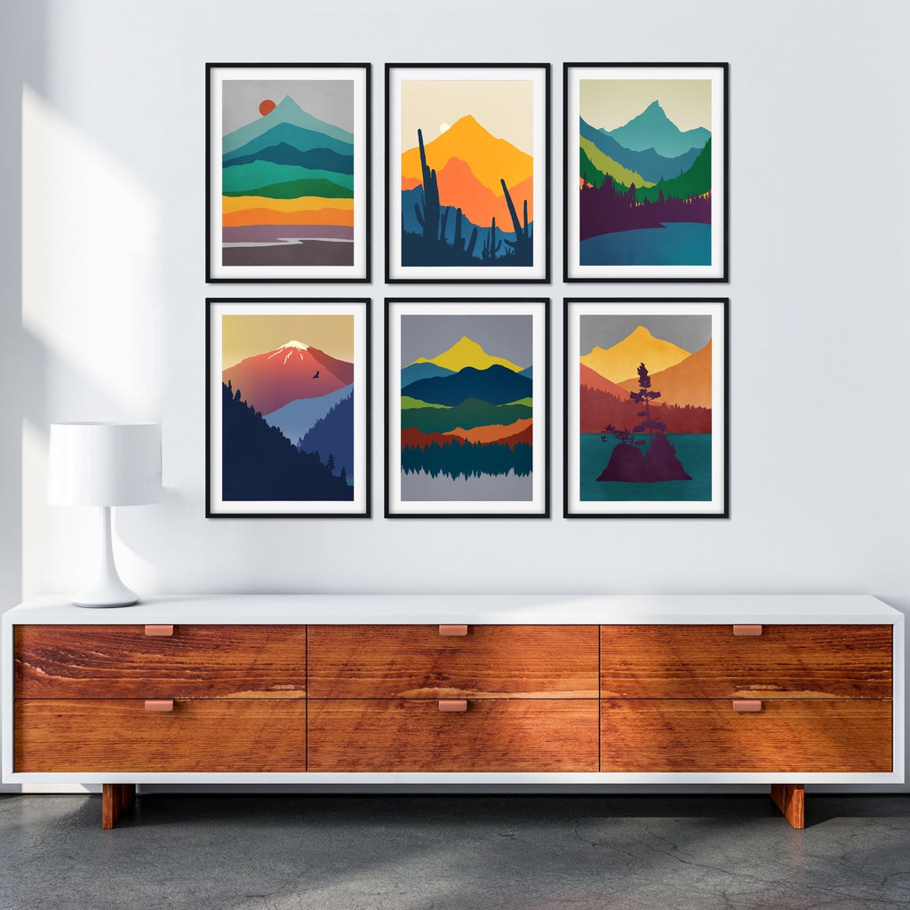 Discounted gallery of our six popular mid century modern landscape wall art prints in vibrant colors.