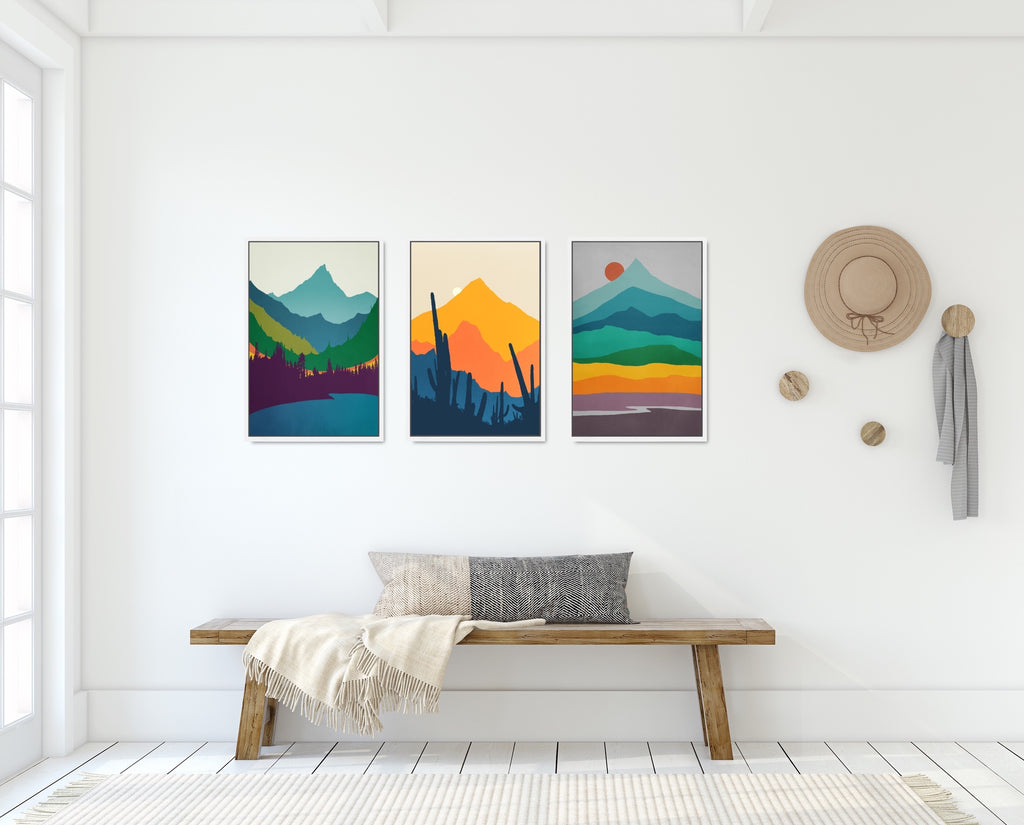 Minimalist landscape canvas wall decor set in warm mid century colors.