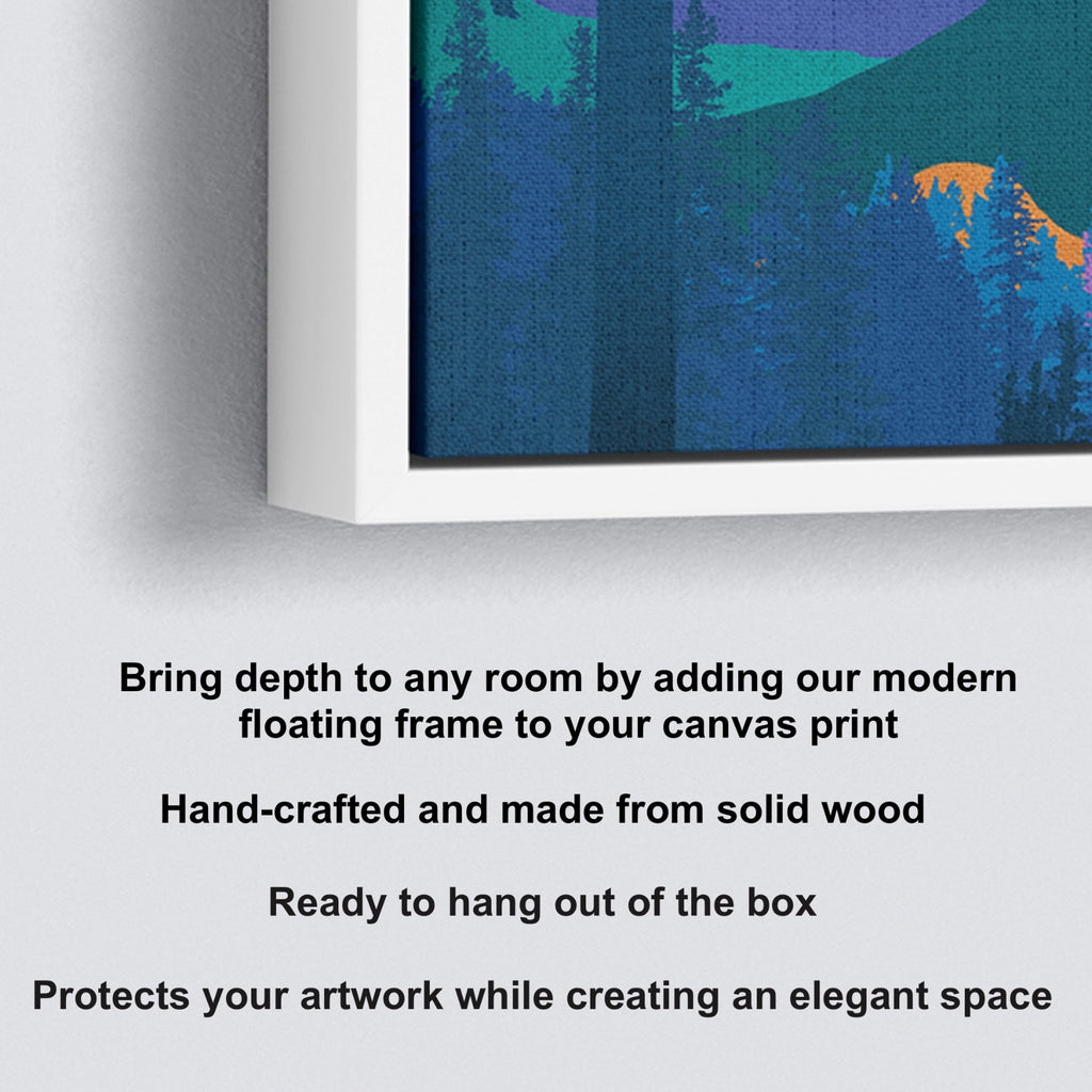 Bring depth to any room by adding our modern floating frame to your canvas print. Hand-crafted and made from solid wood. Ready to hand out of the box. Protects your artwork white creating an elegant space.