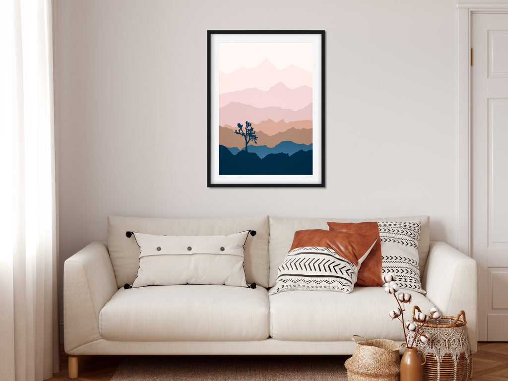 Joshua Tree Park canvas wall art in cool pinks, blushes and navy blue. 