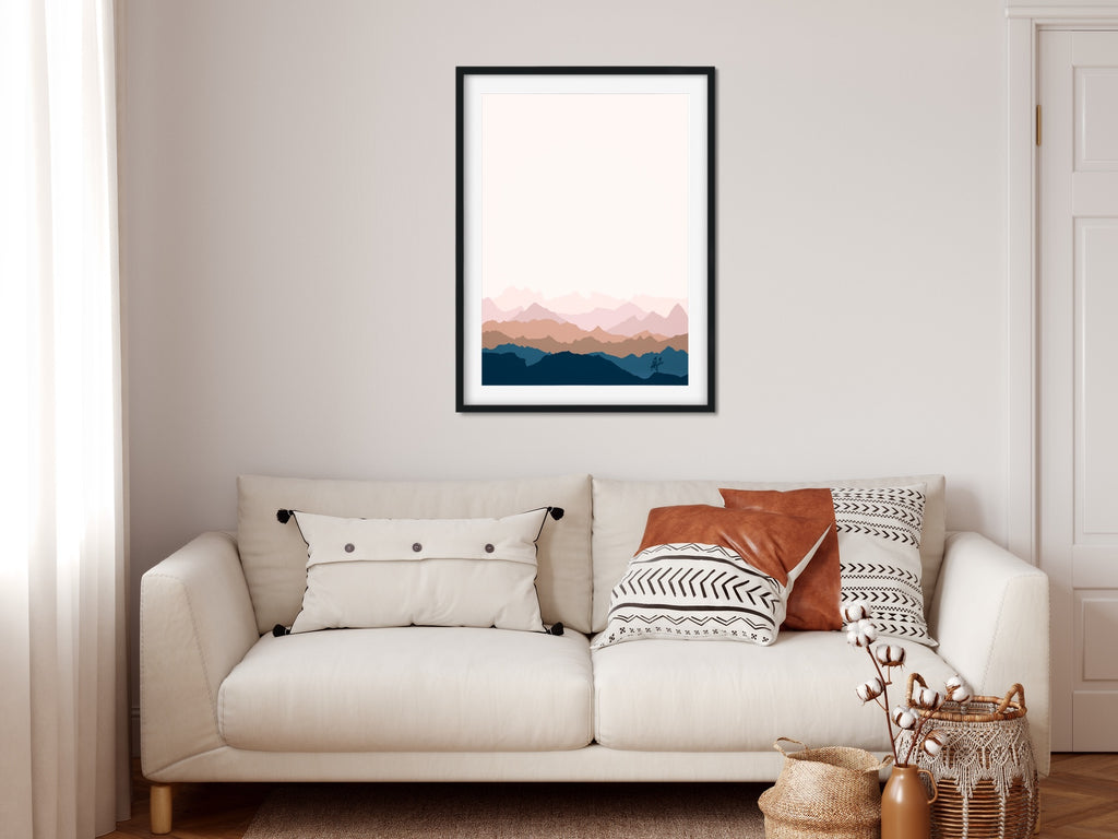 Joshua Tree Park canvas wall art print in delicate blushes and navy blue.