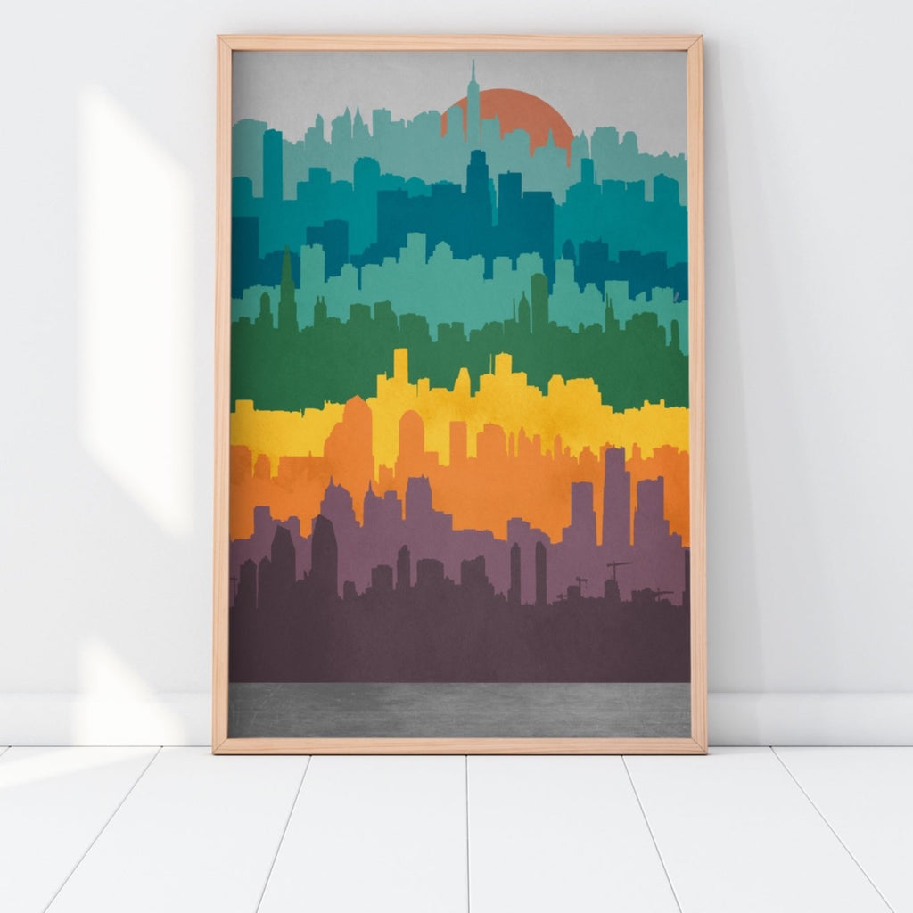 Mid Century City Skylines Wall Art in Warm mid century colors