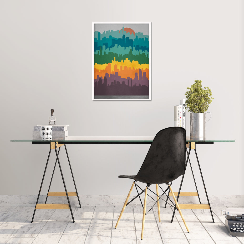 A mid century modern art print featuring city skylines. 