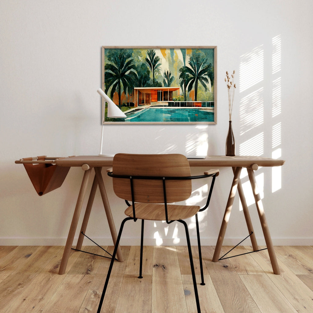 A mid century modern house artwork with palm trees