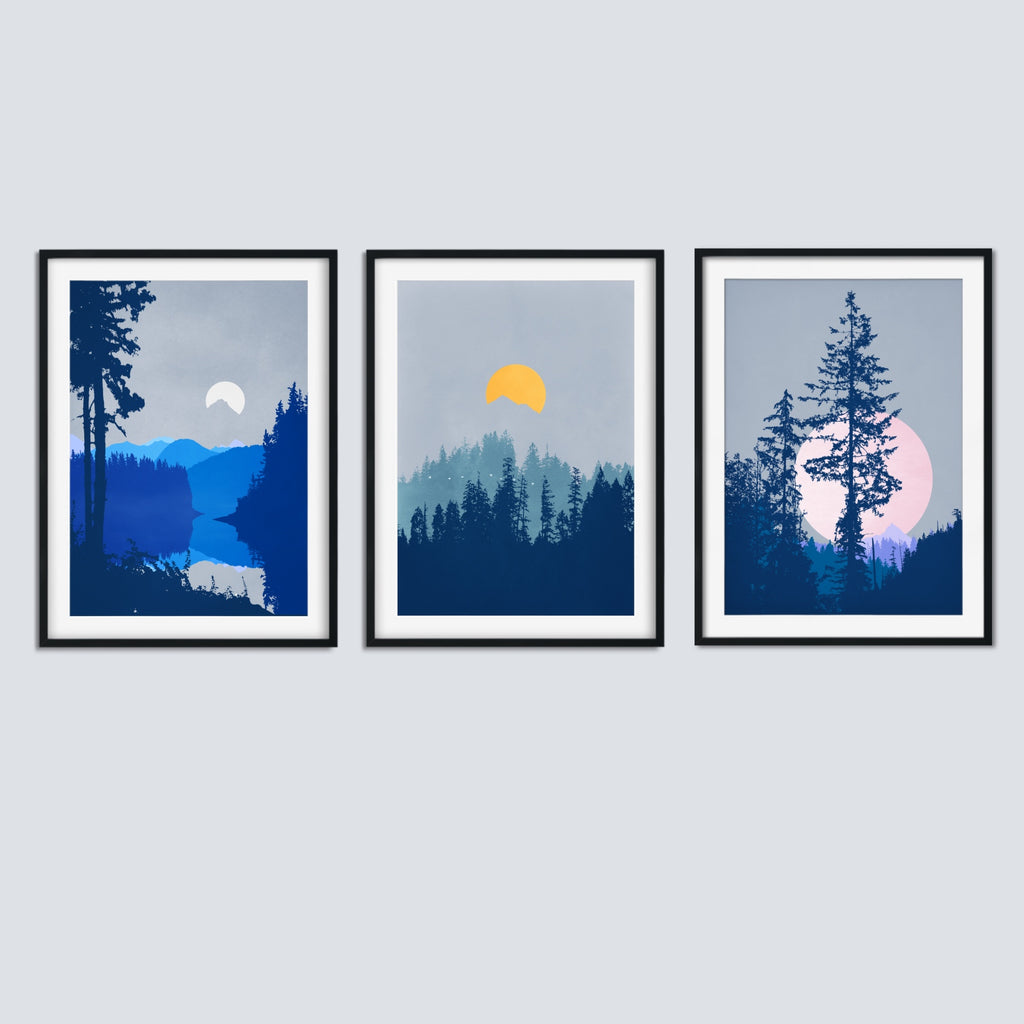 3 Piece Bedroom Wall Art Print Set in Blue and Gray.