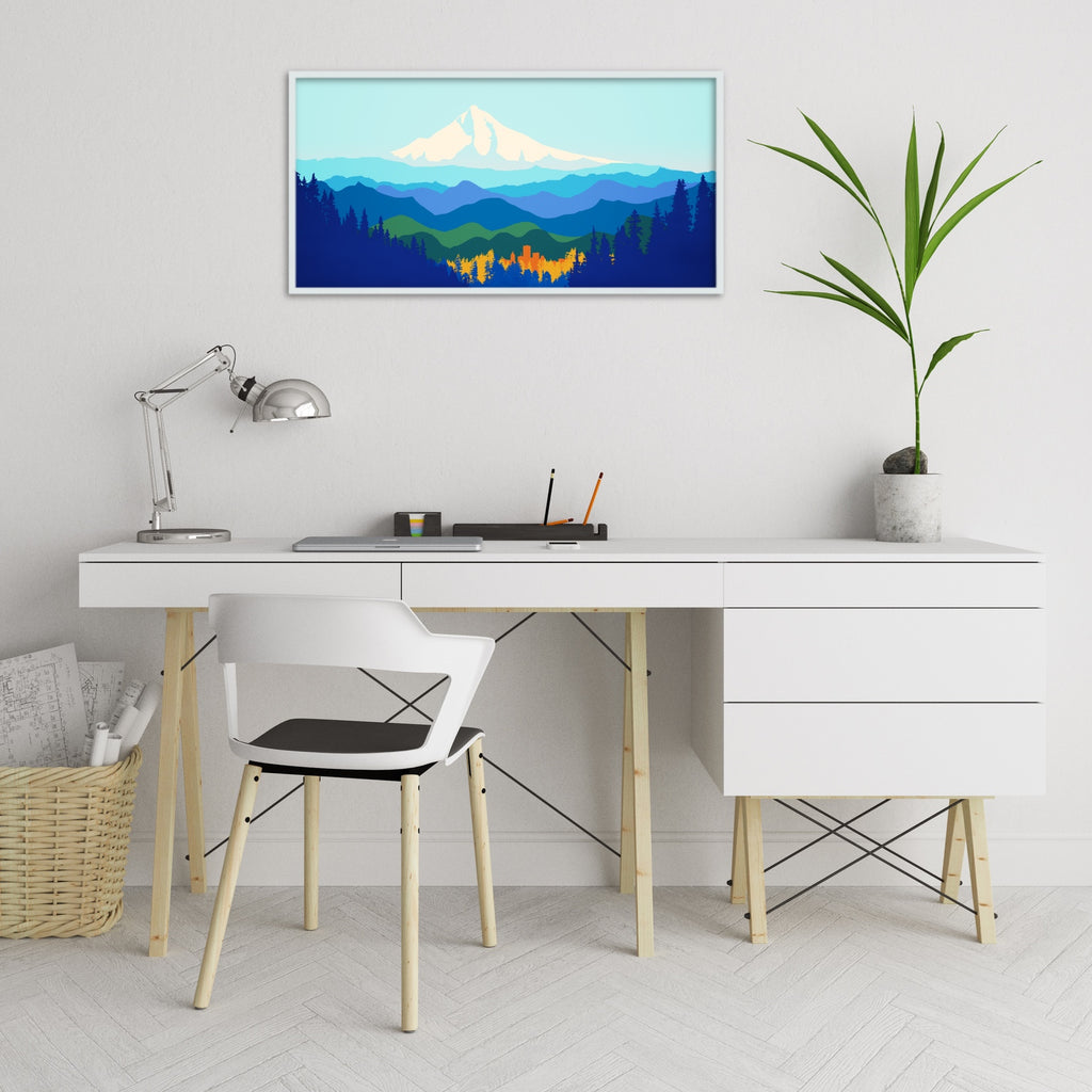 A panoramic Mount Hood wall art featuring the Portland skyline amidst the Pacific Northwest forests, as Mount Hood shimmers in the distance.