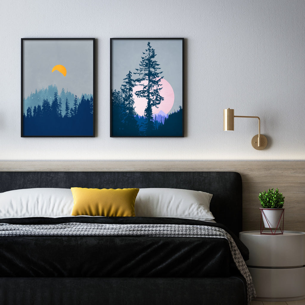 A set of two wall art prints featuring the moonlit Pacific Northwest forest.