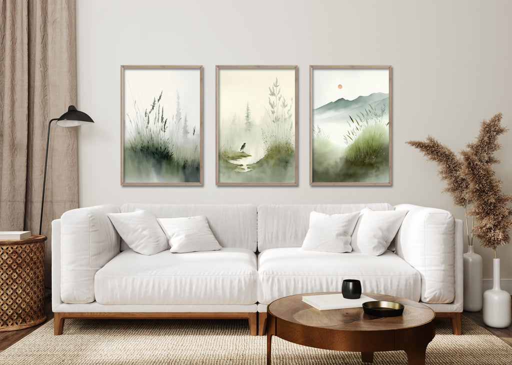 A set of three sage green landscape prints on fine art paper or canvas, framed or unframed.