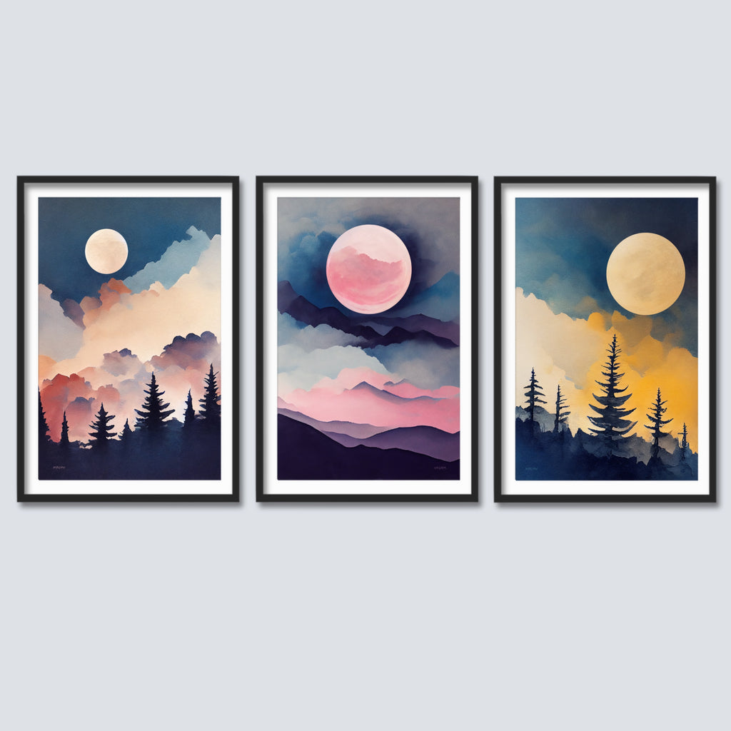 Modern 3 Piece Moon Wall Decor Featuring Moonlit Landscapes.