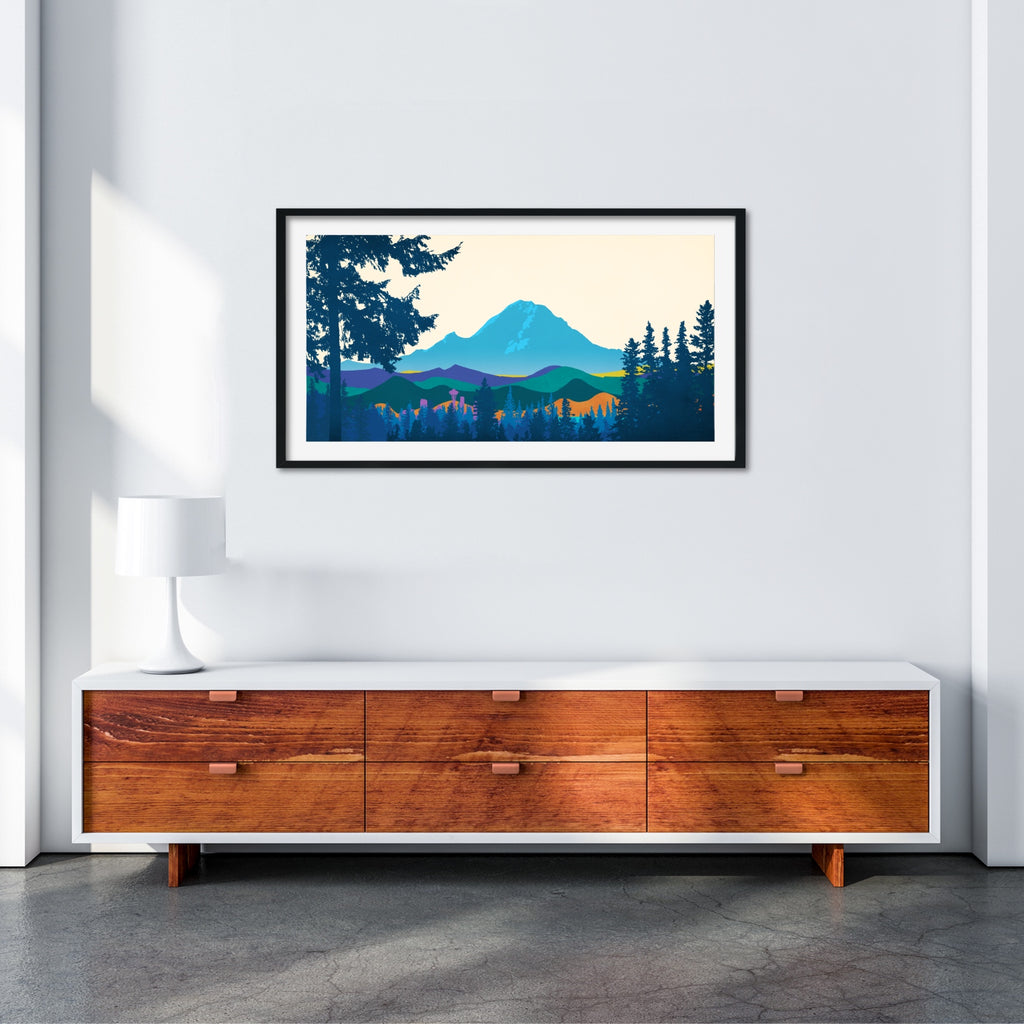 Large Framed Mount Rainier Wall Art Print in blue, green, orange and purple.